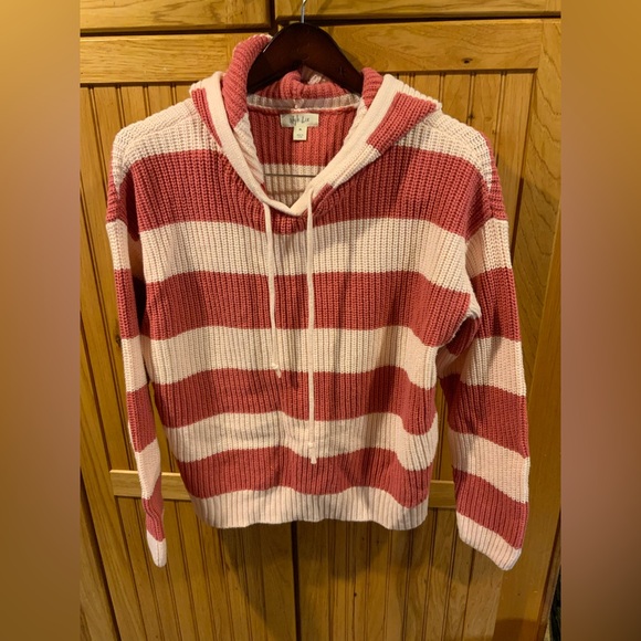 Striped Coral and Very light creamy pink striped sweater with hood. - Picture 1 of 3